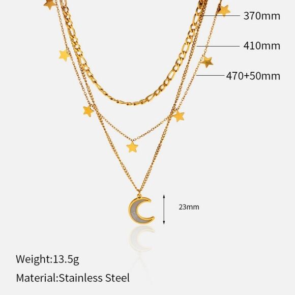 Celestial 18K Gold-Plated  Layered Necklace with Stars and Moon Charm - Picture 4 of 6